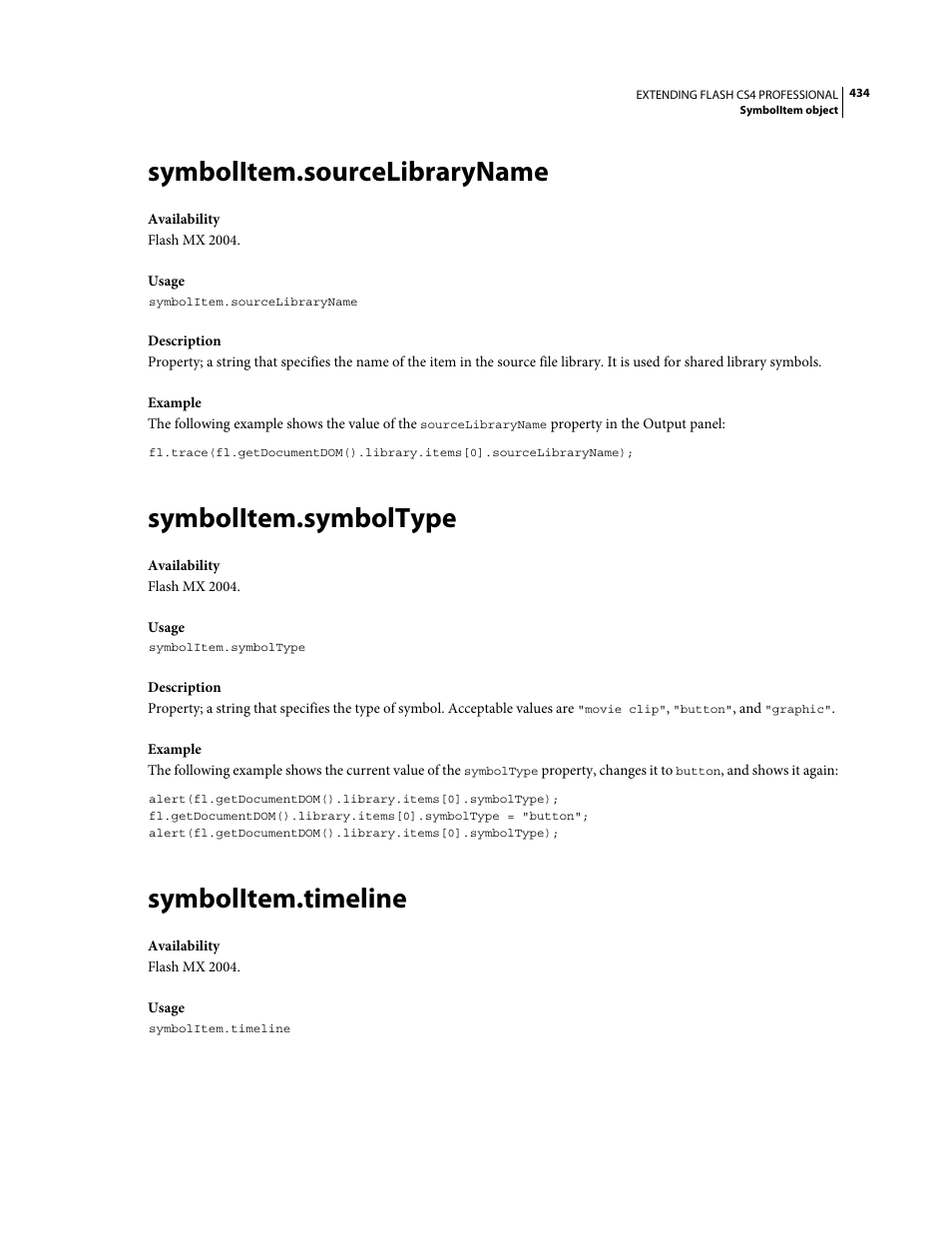 Symbolitem.sourcelibraryname, Symbolitem.symboltype, Symbolitem.timeline | Adobe Extending Flash Professional CS4 User Manual | Page 456 / 560