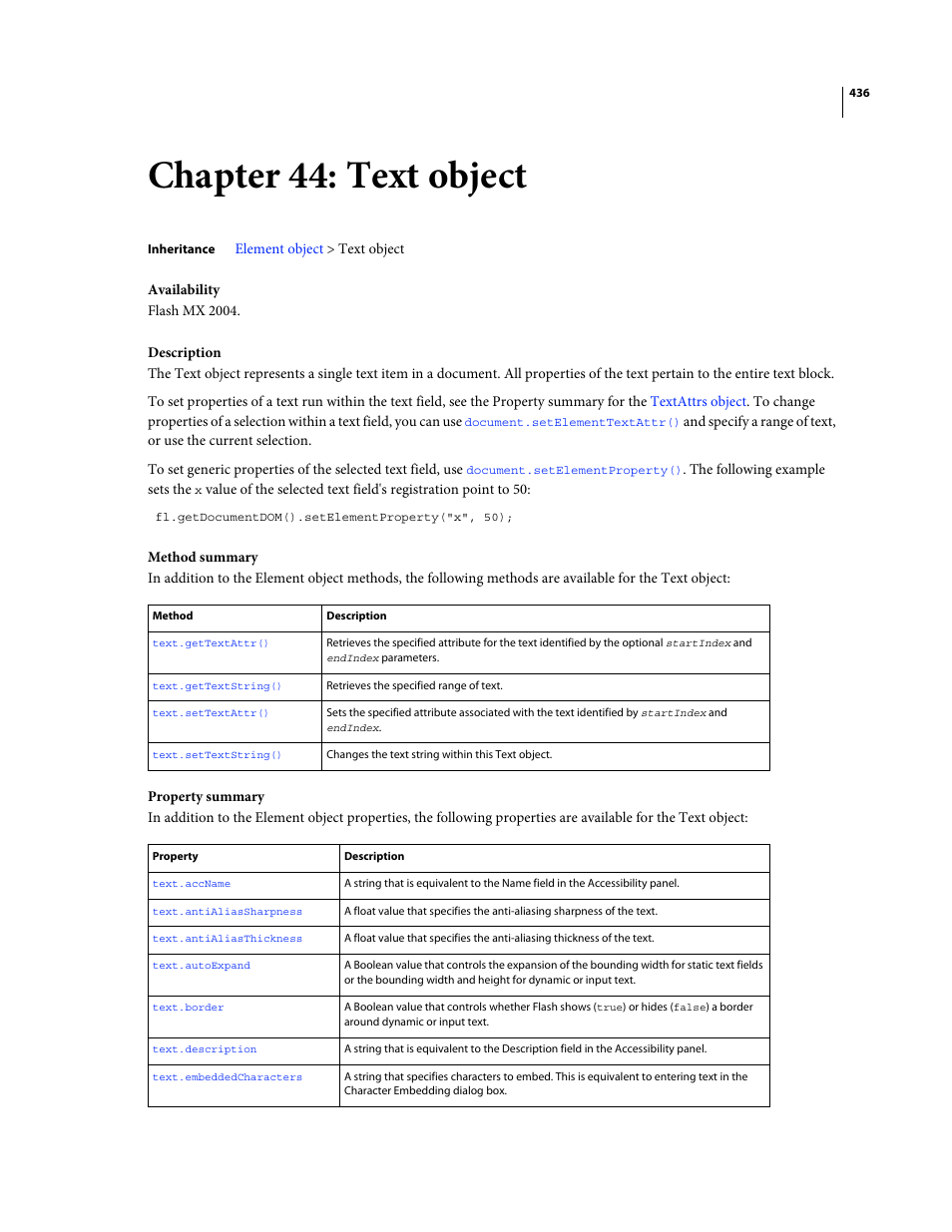 Chapter 44: text object | Adobe Extending Flash Professional CS4 User Manual | Page 458 / 560