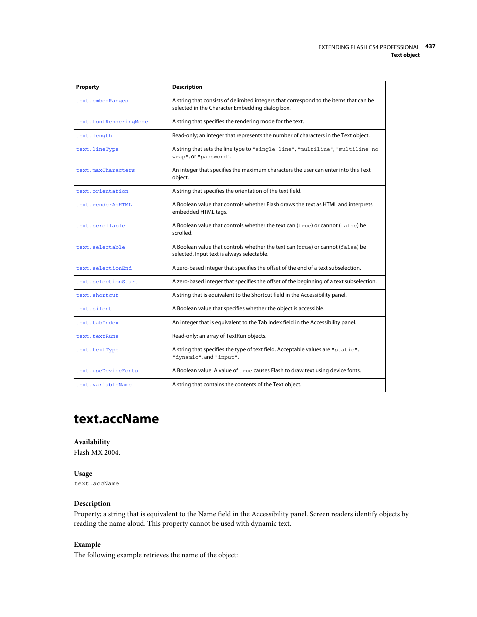 Text.accname | Adobe Extending Flash Professional CS4 User Manual | Page 459 / 560
