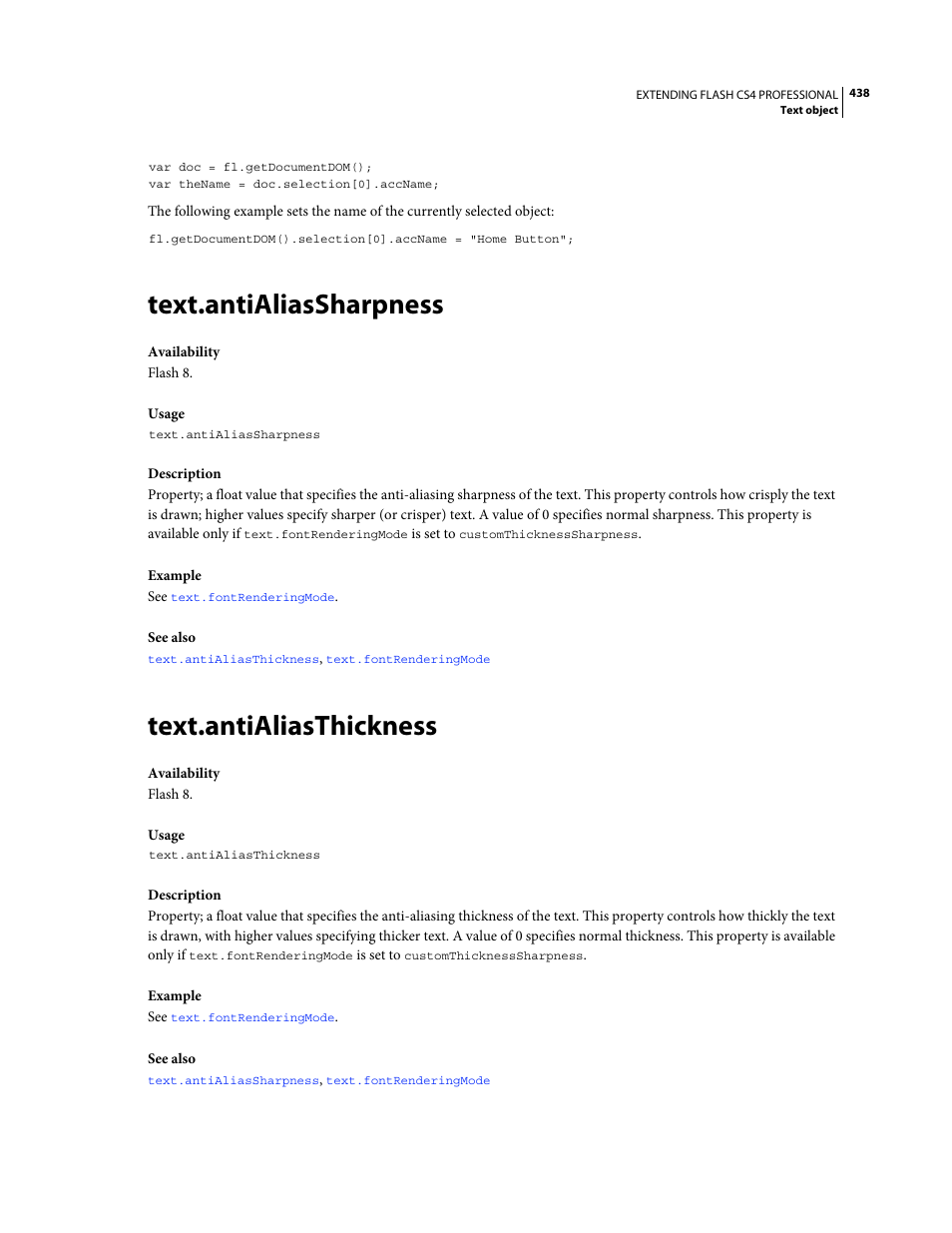 Text.antialiassharpness, Text.antialiasthickness | Adobe Extending Flash Professional CS4 User Manual | Page 460 / 560