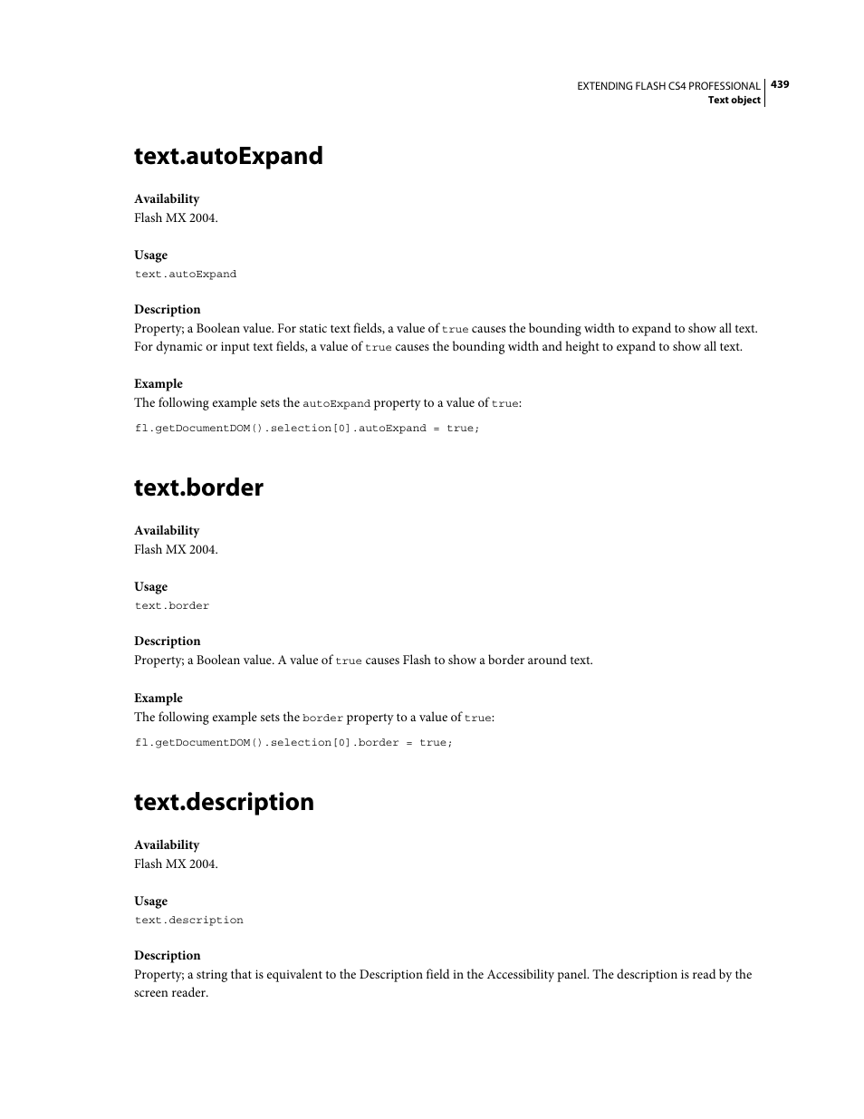 Text.autoexpand, Text.border, Text.description | Adobe Extending Flash Professional CS4 User Manual | Page 461 / 560