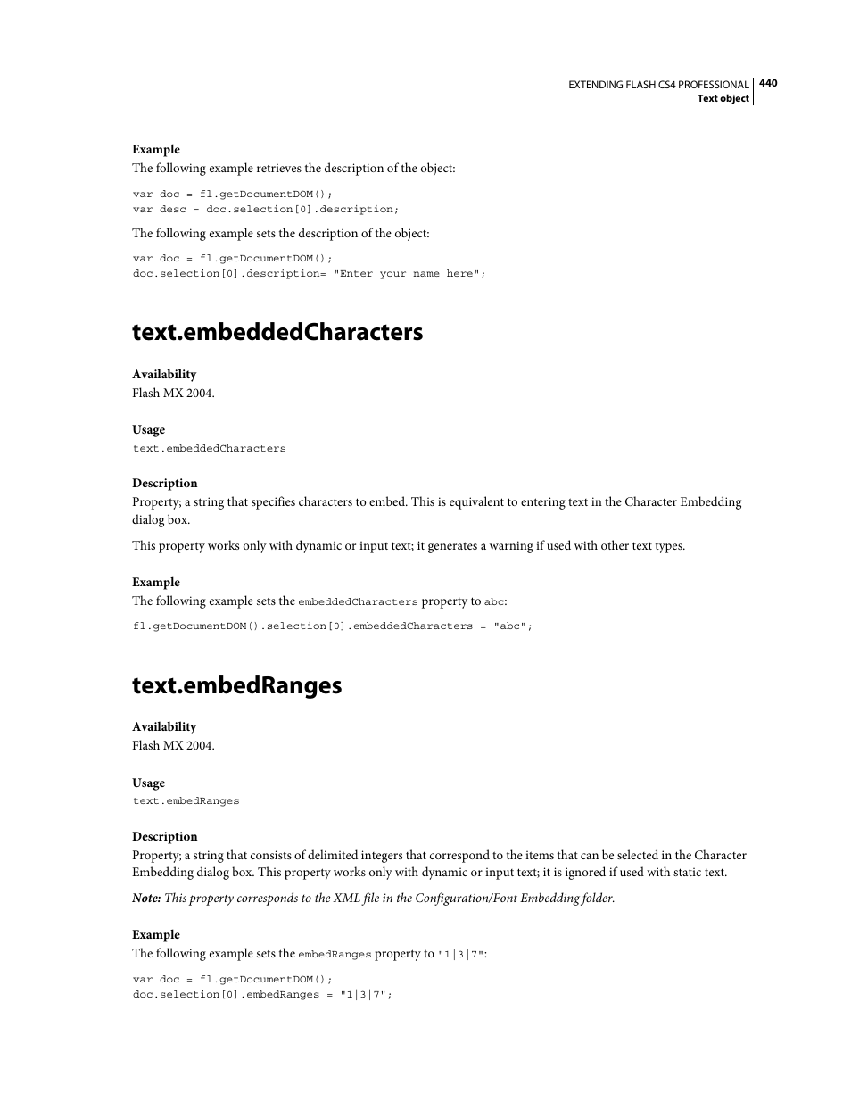 Text.embeddedcharacters, Text.embedranges | Adobe Extending Flash Professional CS4 User Manual | Page 462 / 560