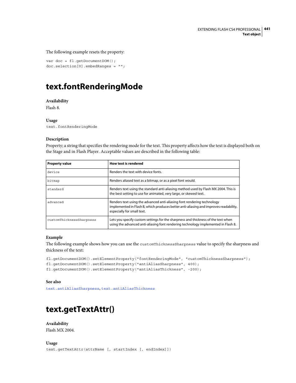 Text.fontrenderingmode, Text.gettextattr() | Adobe Extending Flash Professional CS4 User Manual | Page 463 / 560