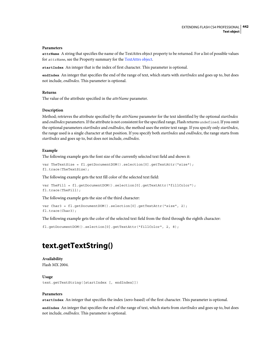 Text.gettextstring() | Adobe Extending Flash Professional CS4 User Manual | Page 464 / 560