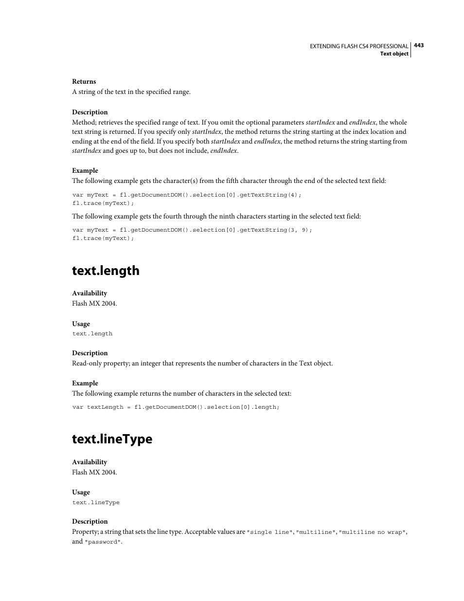 Text.length, Text.linetype | Adobe Extending Flash Professional CS4 User Manual | Page 465 / 560