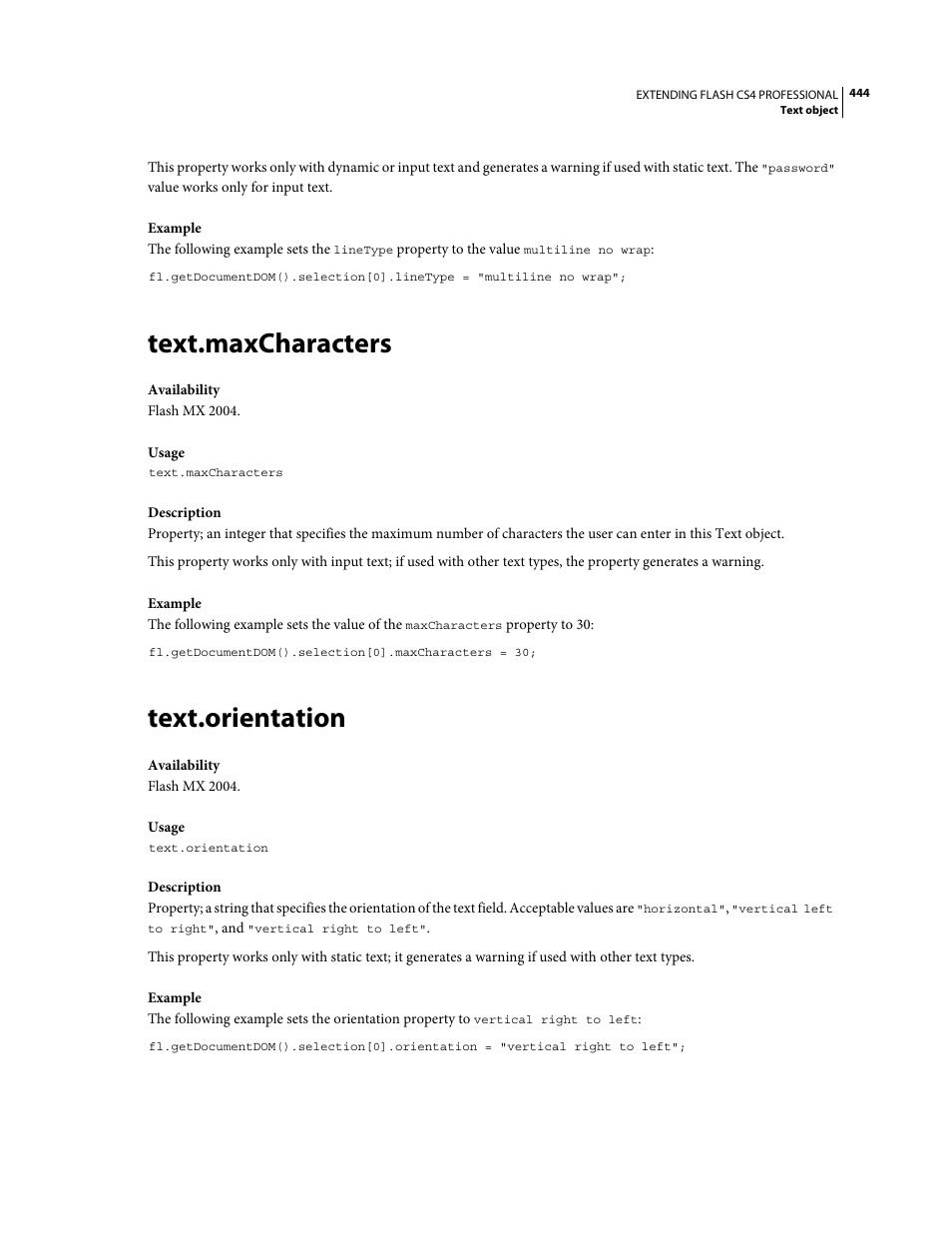 Text.maxcharacters, Text.orientation | Adobe Extending Flash Professional CS4 User Manual | Page 466 / 560