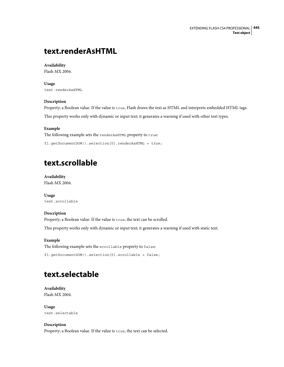 Text.renderashtml, Text.scrollable, Text.selectable | Adobe Extending Flash Professional CS4 User Manual | Page 467 / 560