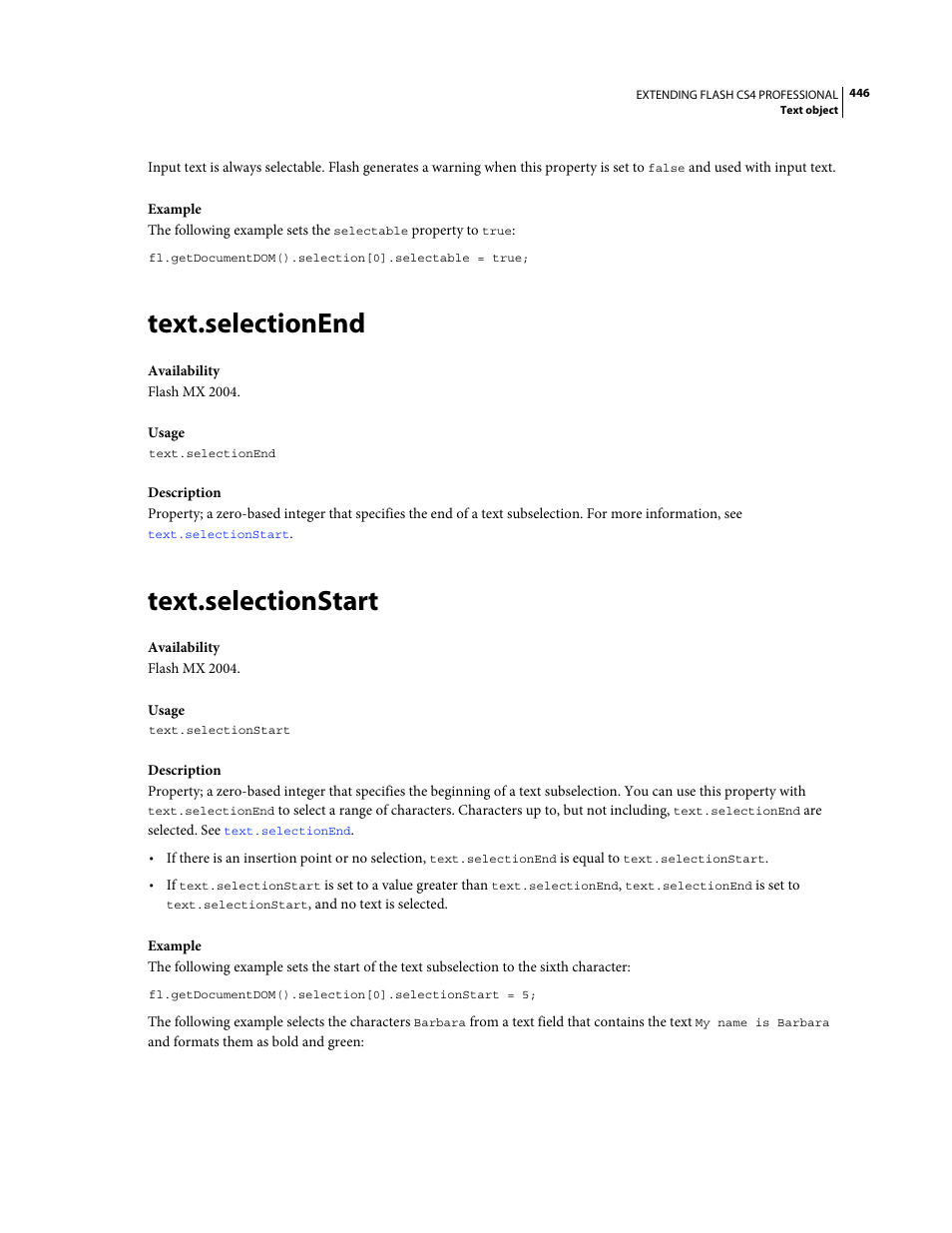 Text.selectionend, Text.selectionstart | Adobe Extending Flash Professional CS4 User Manual | Page 468 / 560