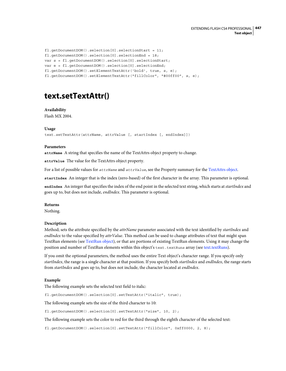 Text.settextattr() | Adobe Extending Flash Professional CS4 User Manual | Page 469 / 560