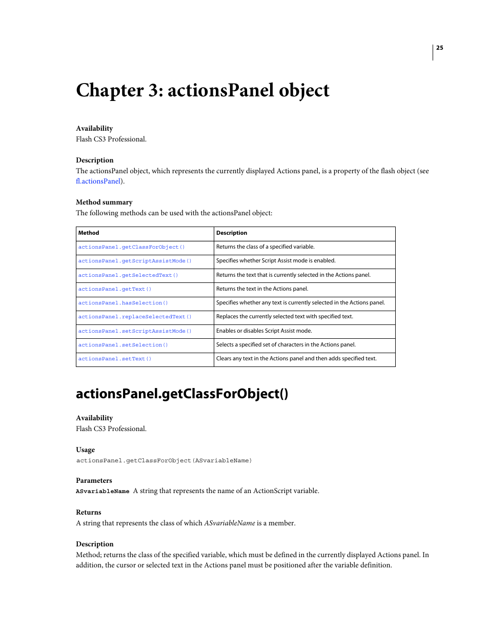 Chapter 3: actionspanel object, Actionspanel.getclassforobject() | Adobe Extending Flash Professional CS4 User Manual | Page 47 / 560