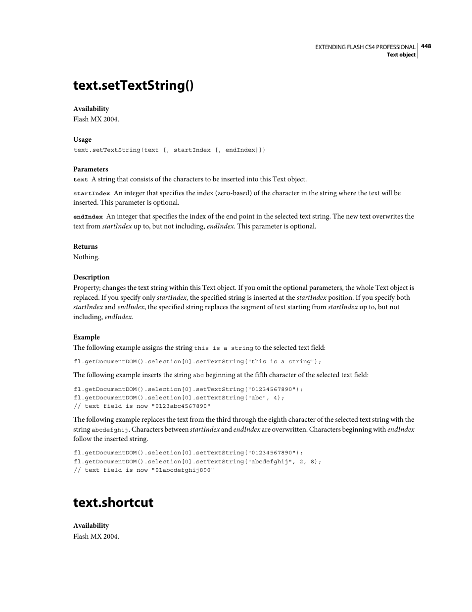 Text.settextstring(), Text.shortcut | Adobe Extending Flash Professional CS4 User Manual | Page 470 / 560