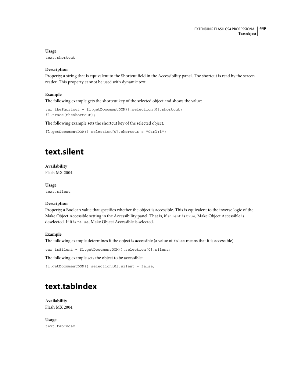 Text.silent, Text.tabindex | Adobe Extending Flash Professional CS4 User Manual | Page 471 / 560