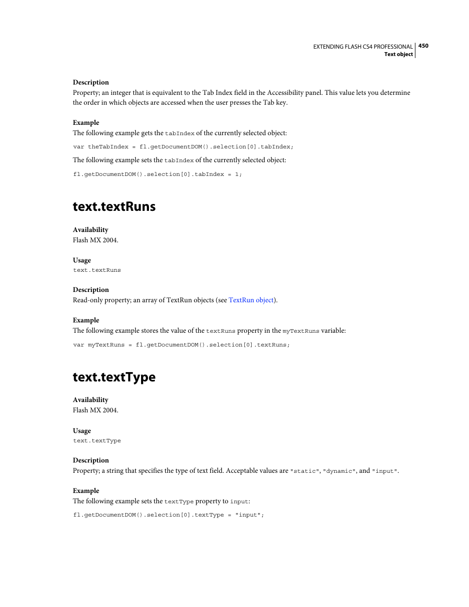 Text.textruns, Text.texttype, Array (see | Adobe Extending Flash Professional CS4 User Manual | Page 472 / 560