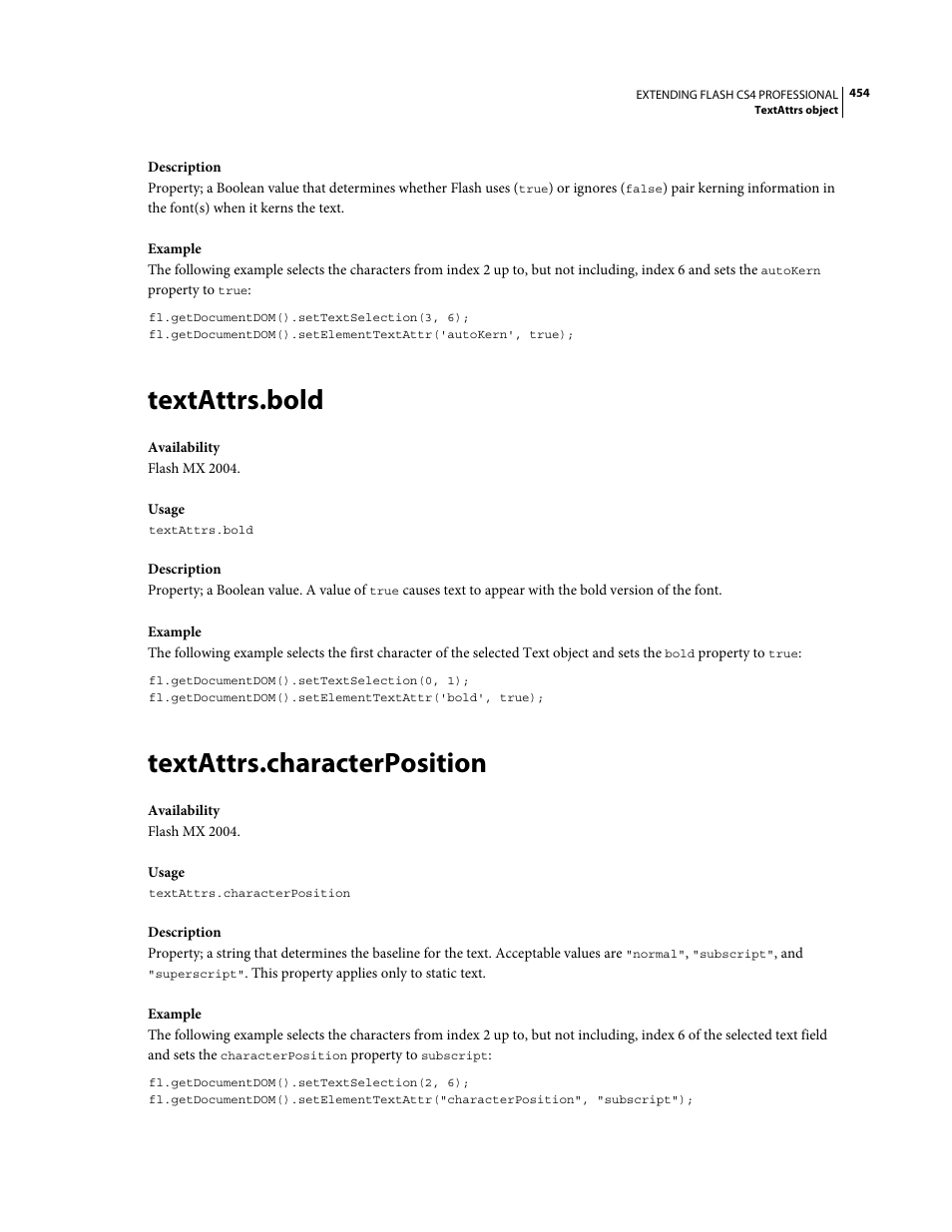 Textattrs.bold, Textattrs.characterposition | Adobe Extending Flash Professional CS4 User Manual | Page 476 / 560