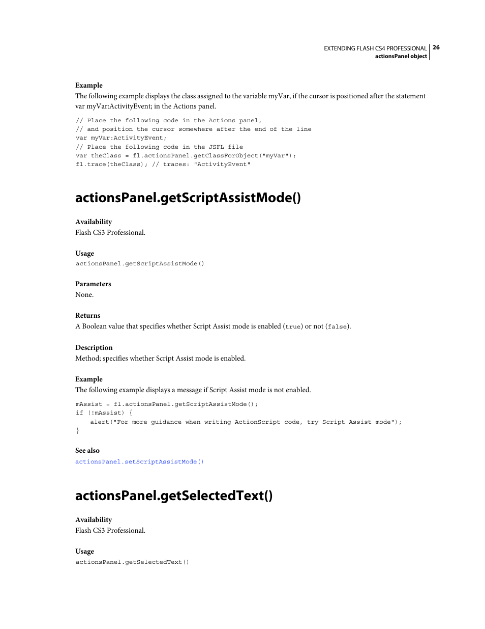 Actionspanel.getscriptassistmode(), Actionspanel.getselectedtext() | Adobe Extending Flash Professional CS4 User Manual | Page 48 / 560