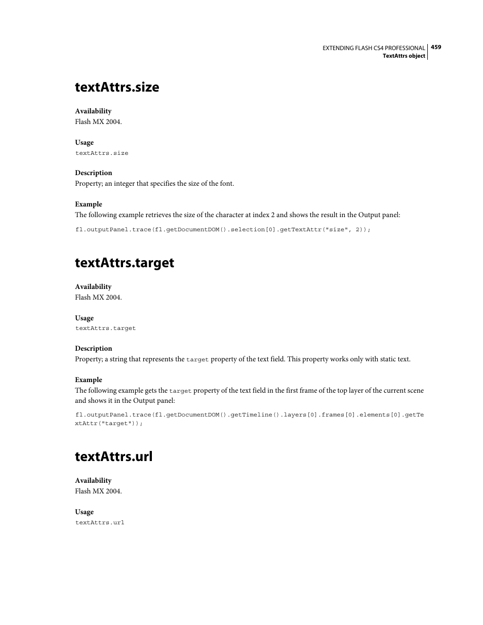 Textattrs.size, Textattrs.target, Textattrs.url | Adobe Extending Flash Professional CS4 User Manual | Page 481 / 560