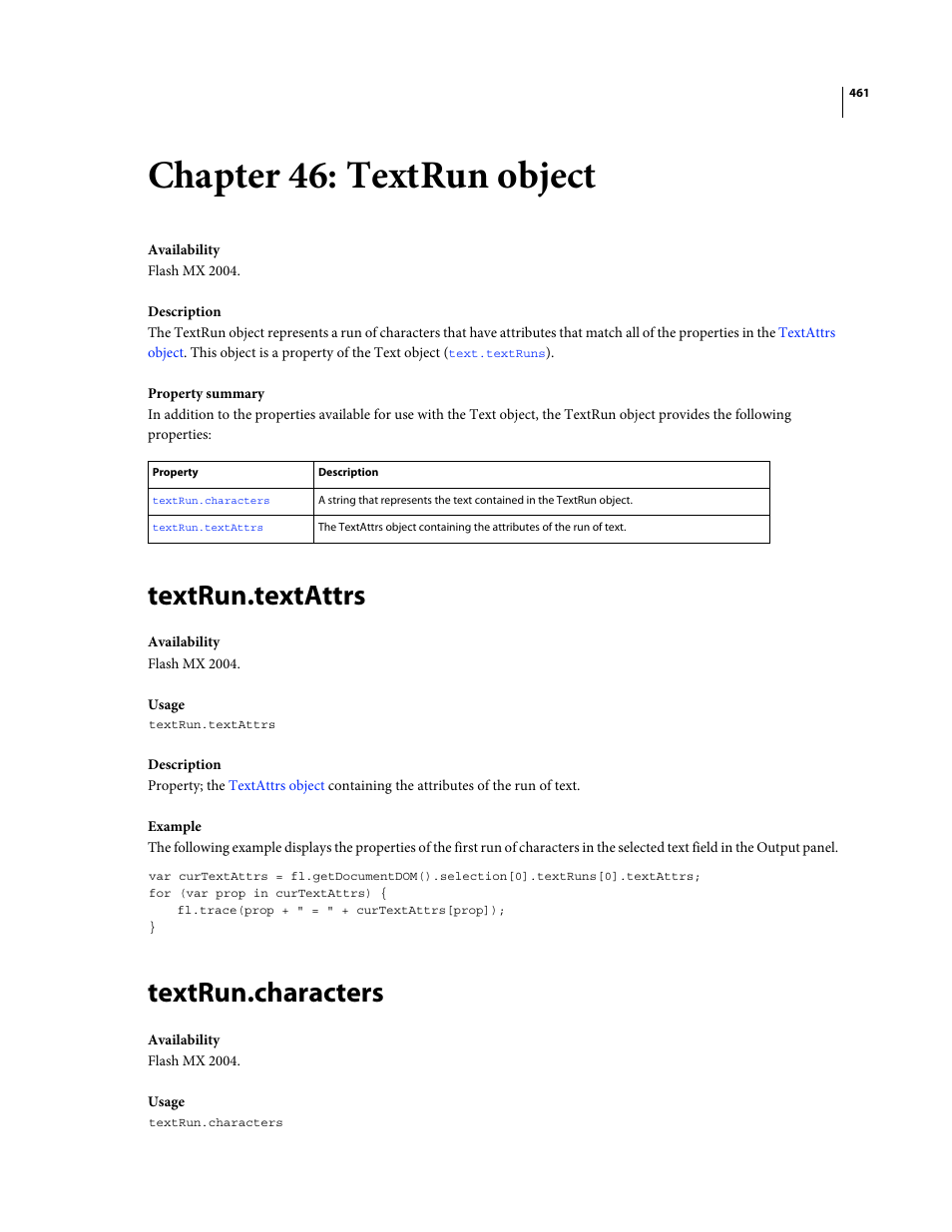 Chapter 46: textrun object, Textrun.textattrs, Textrun.characters | Textrun object, Of the textrun object | Adobe Extending Flash Professional CS4 User Manual | Page 483 / 560