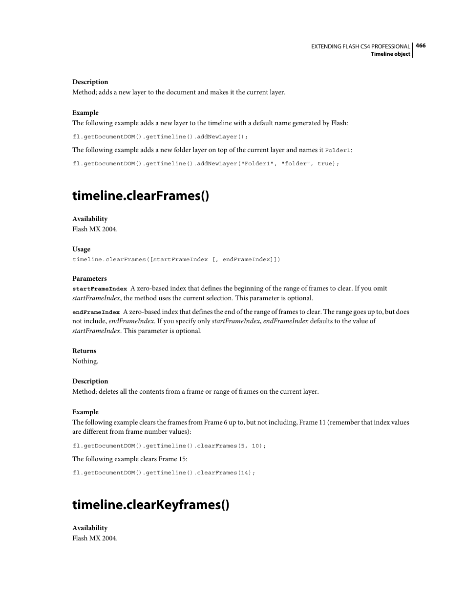 Timeline.clearframes(), Timeline.clearkeyframes() | Adobe Extending Flash Professional CS4 User Manual | Page 488 / 560