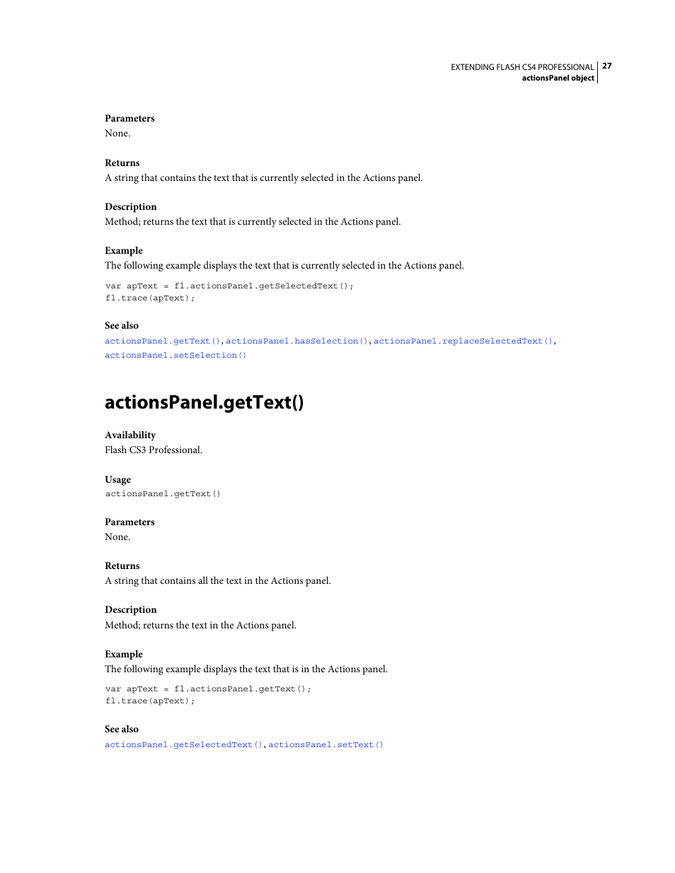 Actionspanel.gettext() | Adobe Extending Flash Professional CS4 User Manual | Page 49 / 560