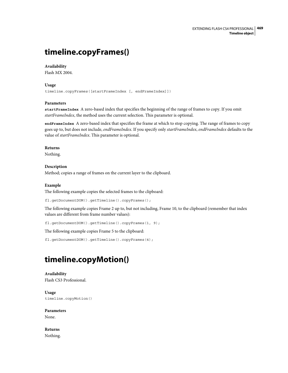 Timeline.copyframes(), Timeline.copymotion() | Adobe Extending Flash Professional CS4 User Manual | Page 491 / 560