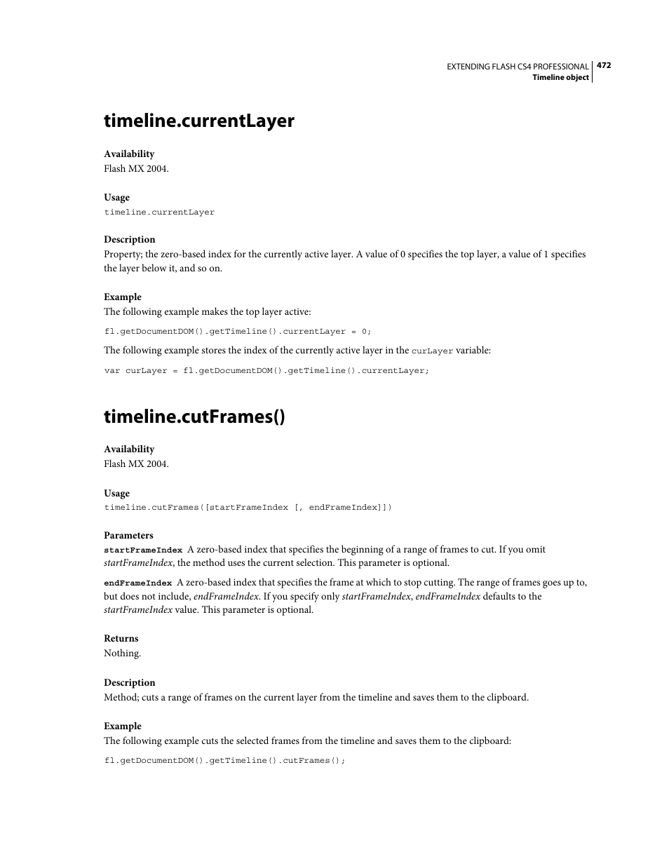 Timeline.currentlayer, Timeline.cutframes() | Adobe Extending Flash Professional CS4 User Manual | Page 494 / 560