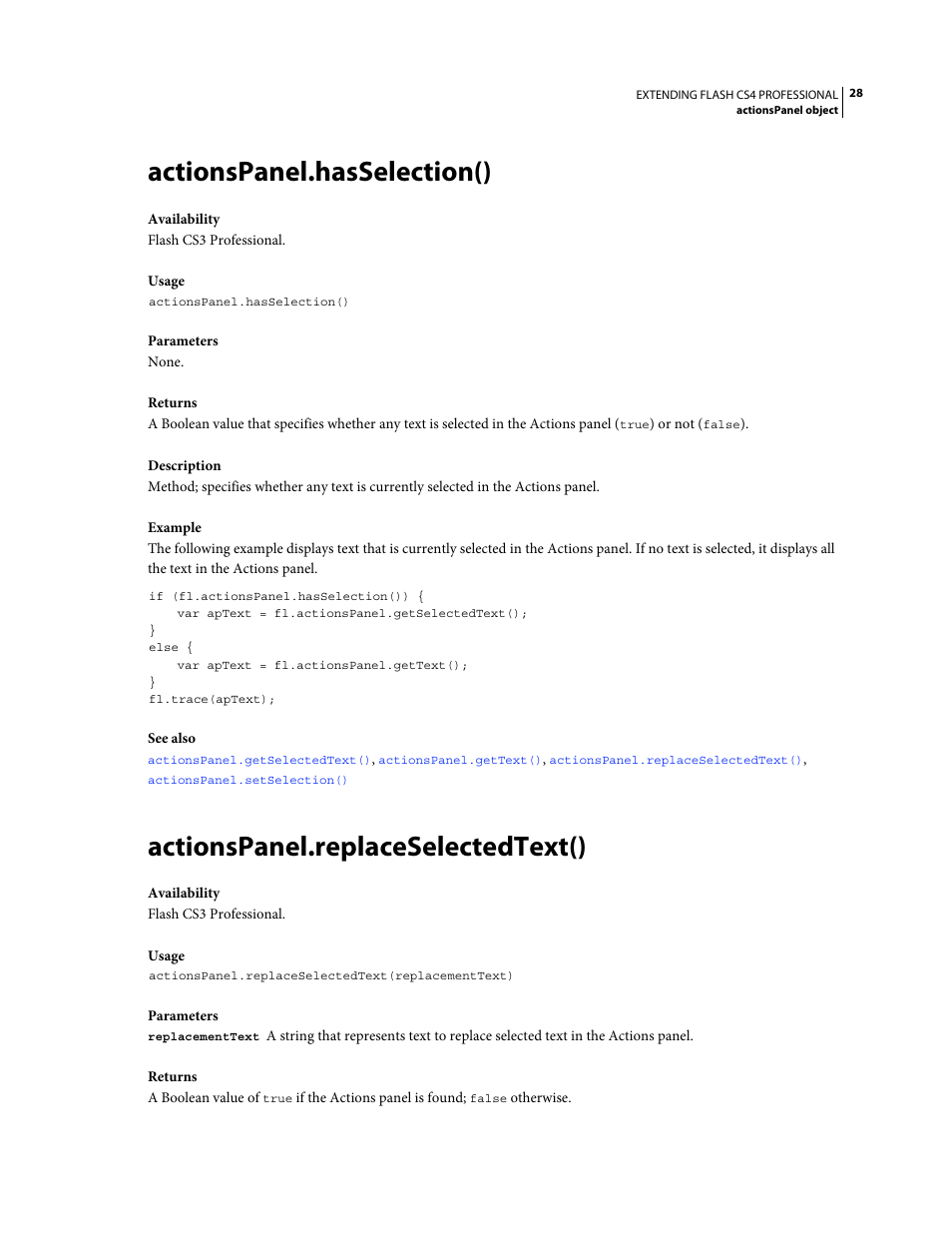Actionspanel.hasselection(), Actionspanel.replaceselectedtext() | Adobe Extending Flash Professional CS4 User Manual | Page 50 / 560