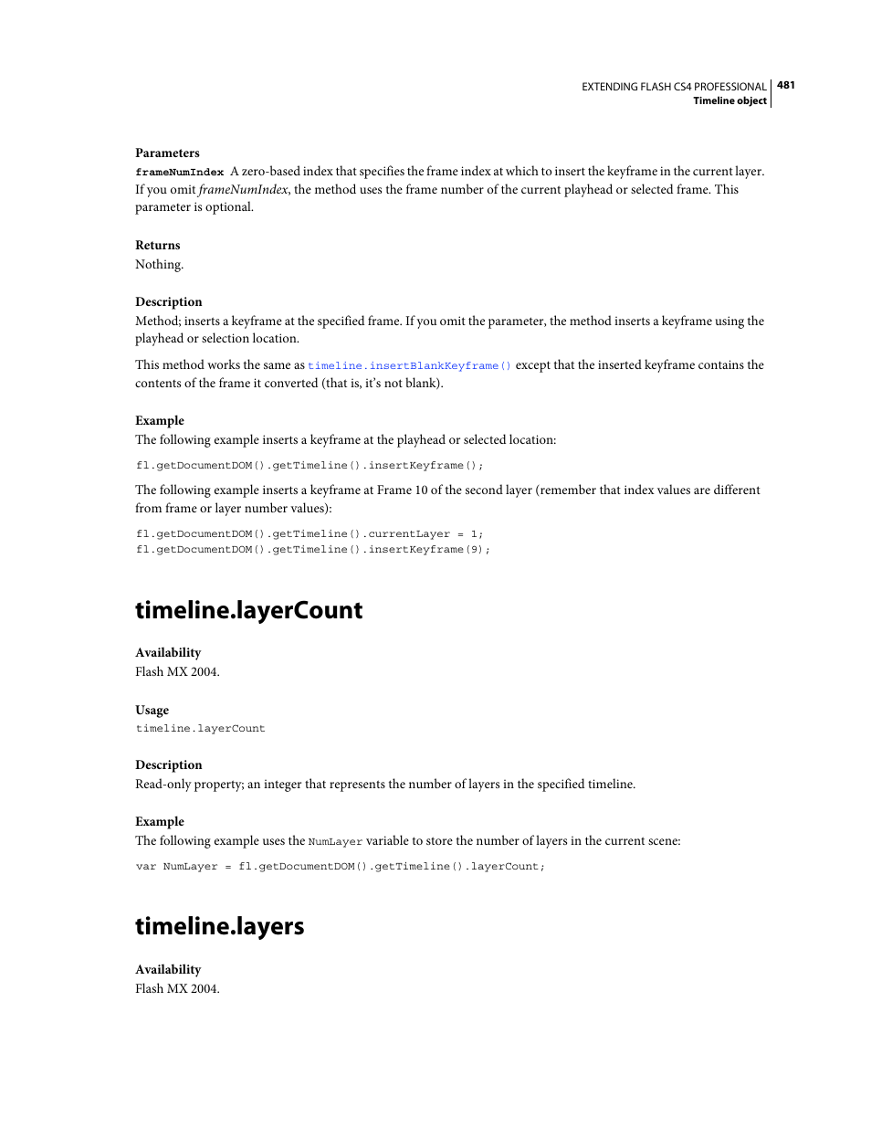 Timeline.layercount, Timeline.layers | Adobe Extending Flash Professional CS4 User Manual | Page 503 / 560