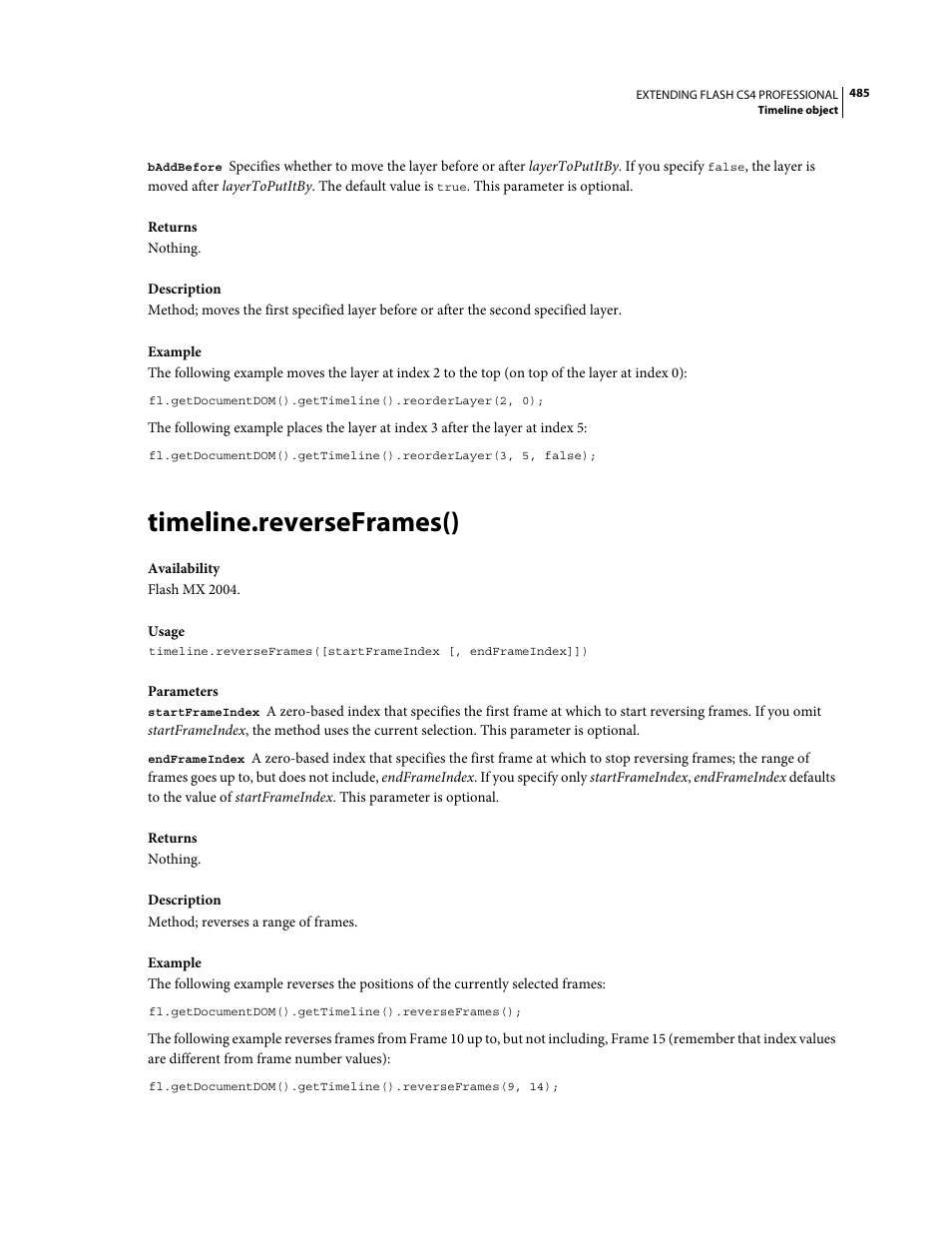 Timeline.reverseframes() | Adobe Extending Flash Professional CS4 User Manual | Page 507 / 560