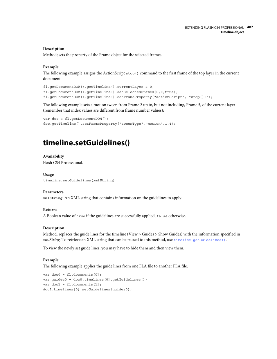 Timeline.setguidelines() | Adobe Extending Flash Professional CS4 User Manual | Page 509 / 560