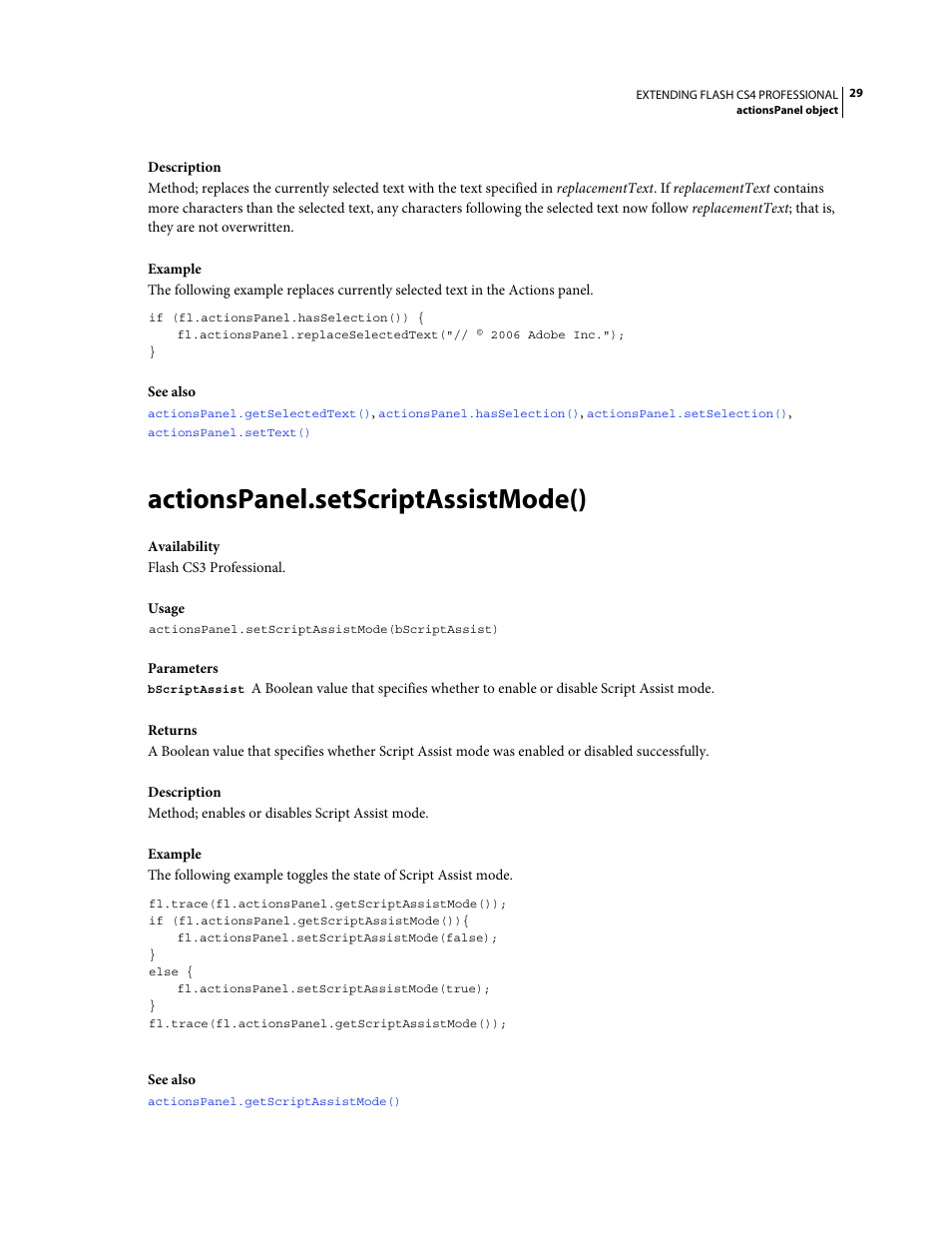 Actionspanel.setscriptassistmode() | Adobe Extending Flash Professional CS4 User Manual | Page 51 / 560