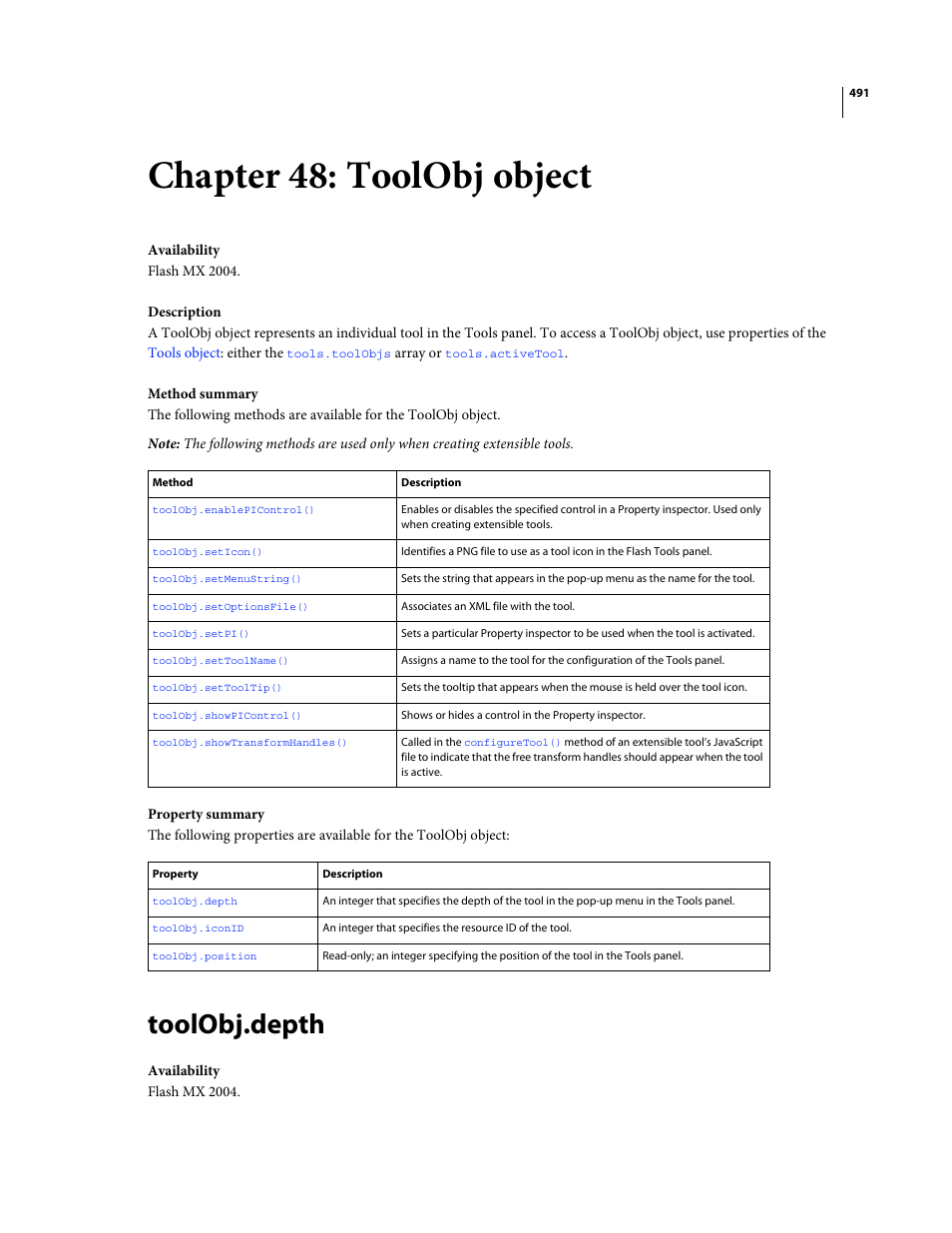 Chapter 48: toolobj object, Toolobj.depth, Toolobj object | Adobe Extending Flash Professional CS4 User Manual | Page 513 / 560