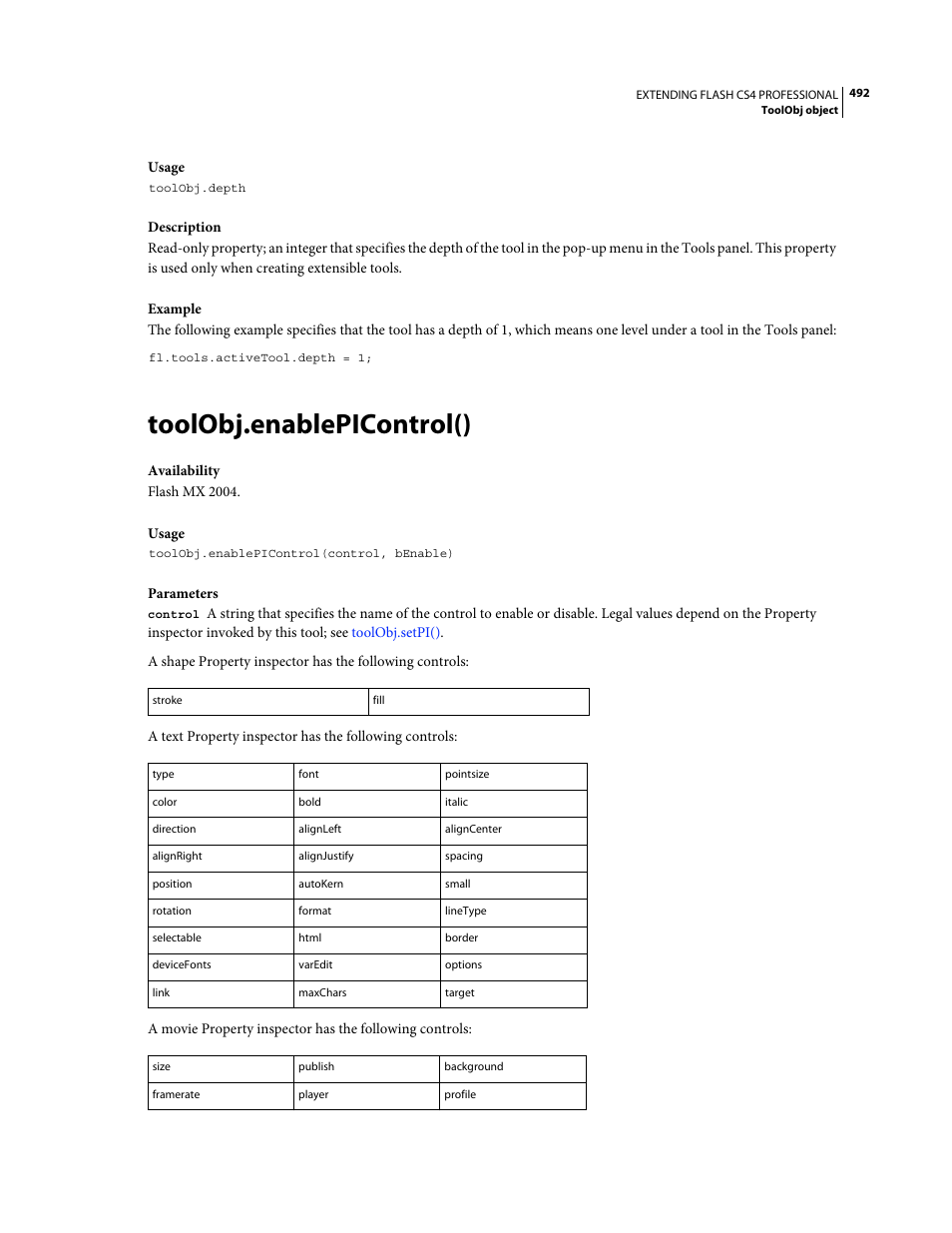 Toolobj.enablepicontrol() | Adobe Extending Flash Professional CS4 User Manual | Page 514 / 560