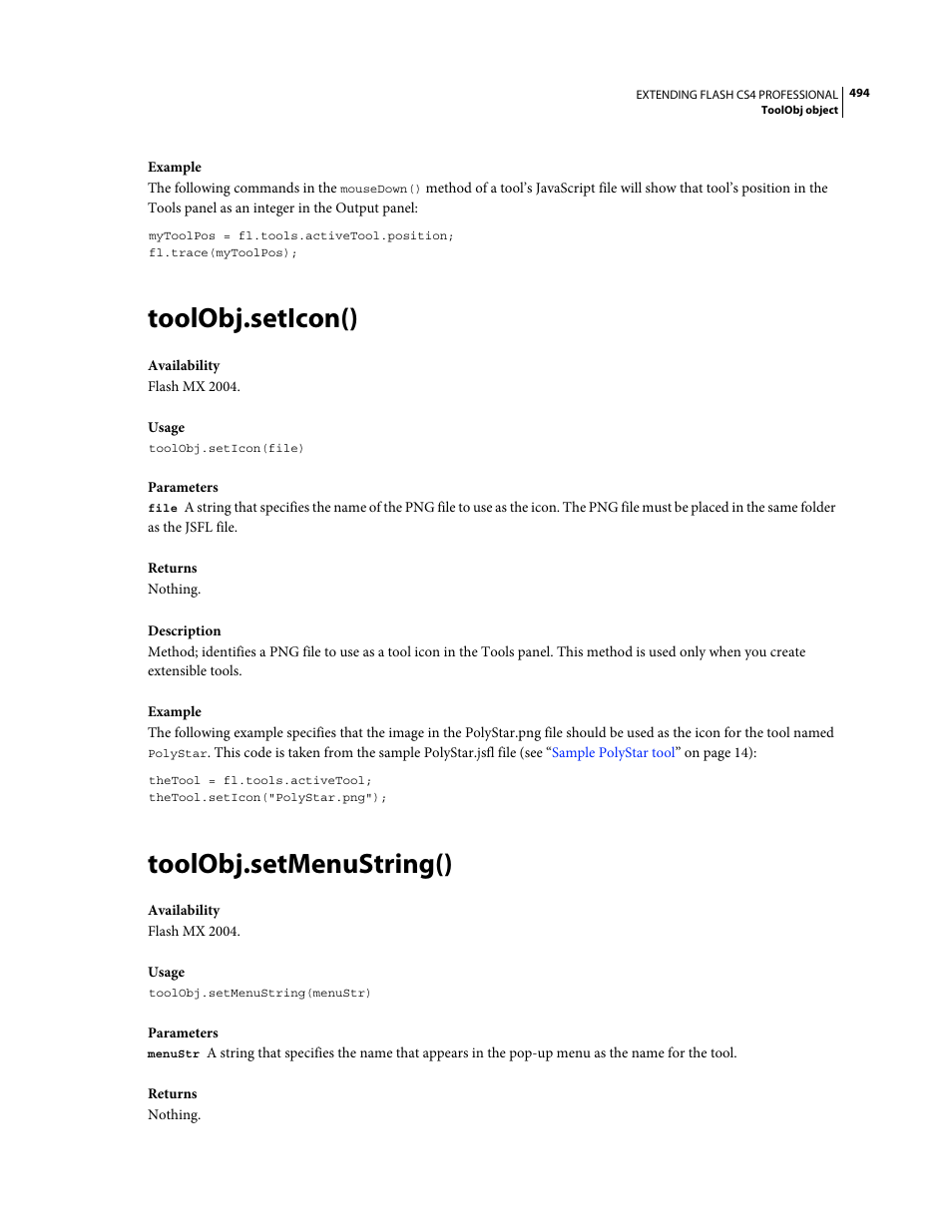 Toolobj.seticon(), Toolobj.setmenustring() | Adobe Extending Flash Professional CS4 User Manual | Page 516 / 560