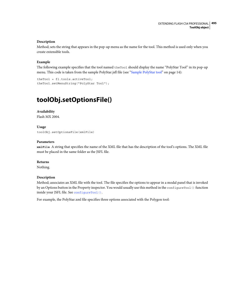 Toolobj.setoptionsfile() | Adobe Extending Flash Professional CS4 User Manual | Page 517 / 560