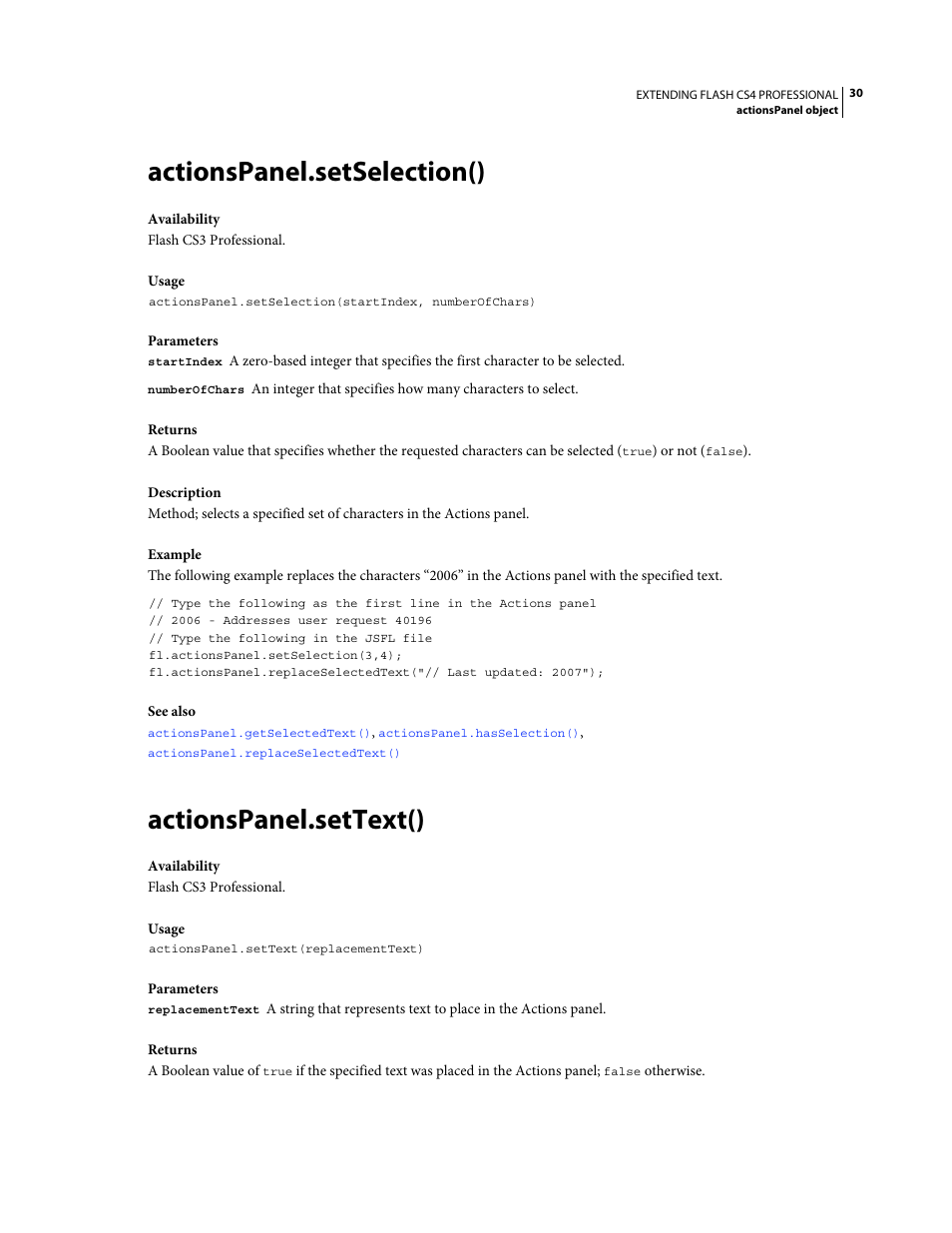 Actionspanel.setselection(), Actionspanel.settext() | Adobe Extending Flash Professional CS4 User Manual | Page 52 / 560