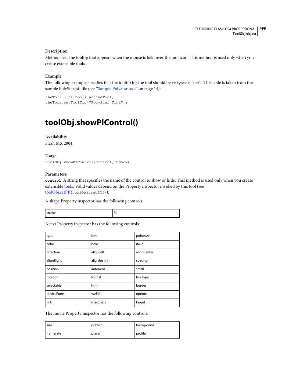 Toolobj.showpicontrol() | Adobe Extending Flash Professional CS4 User Manual | Page 520 / 560