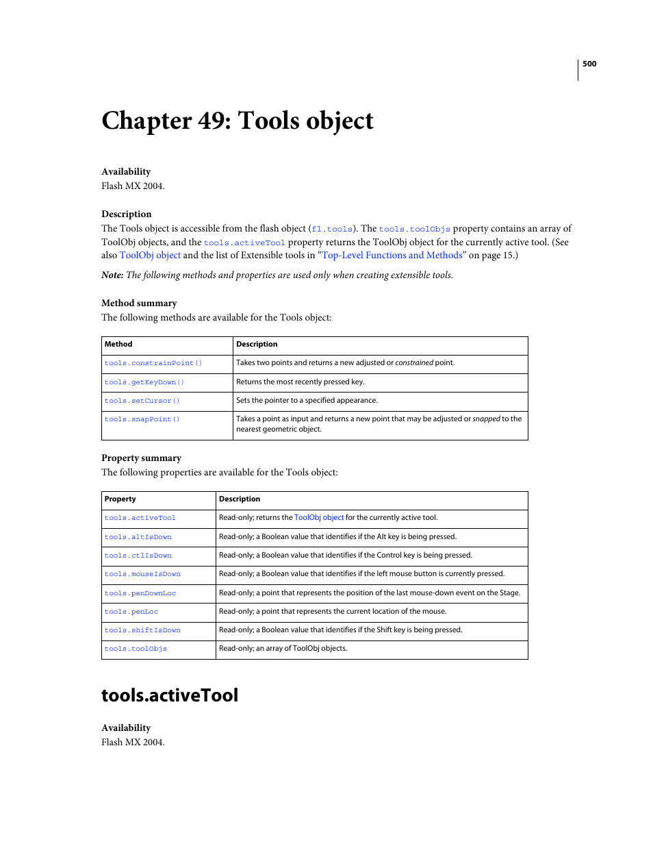 Chapter 49: tools object, Tools.activetool, Tools object | Read-only property; an array of tools objects (see, Either the | Adobe Extending Flash Professional CS4 User Manual | Page 522 / 560