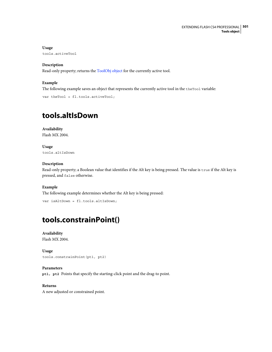 Tools.altisdown, Tools.constrainpoint() | Adobe Extending Flash Professional CS4 User Manual | Page 523 / 560