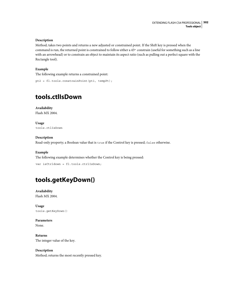 Tools.ctlisdown, Tools.getkeydown() | Adobe Extending Flash Professional CS4 User Manual | Page 524 / 560