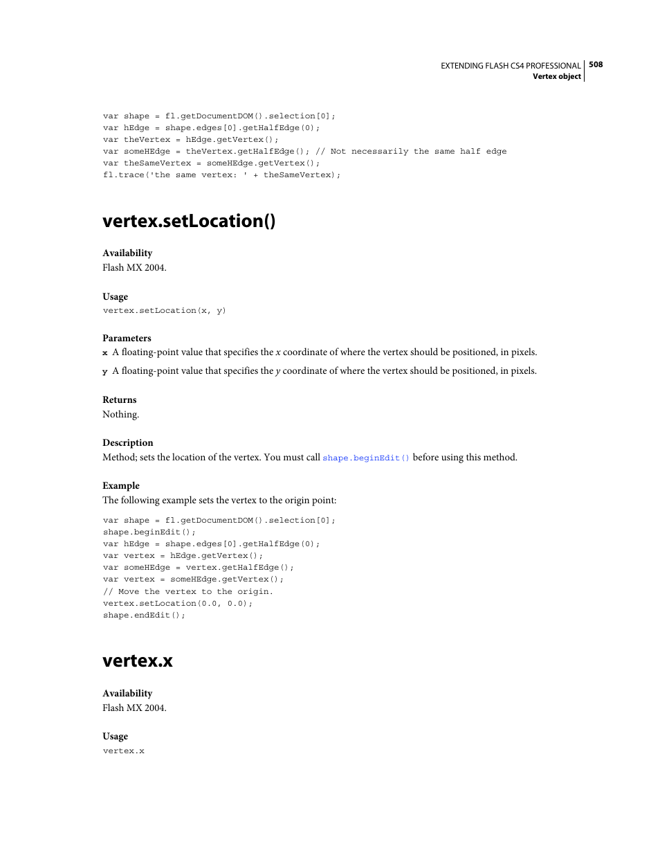 Vertex.setlocation(), Vertex.x | Adobe Extending Flash Professional CS4 User Manual | Page 530 / 560