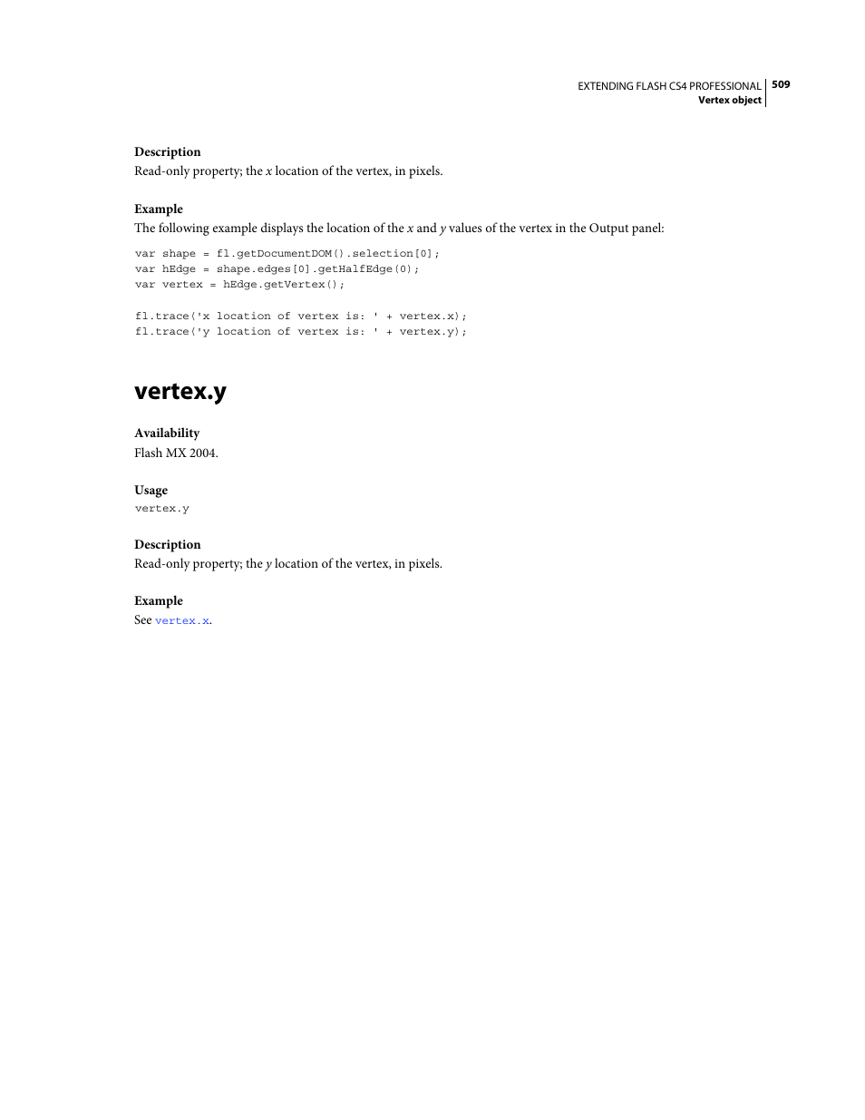 Vertex.y | Adobe Extending Flash Professional CS4 User Manual | Page 531 / 560