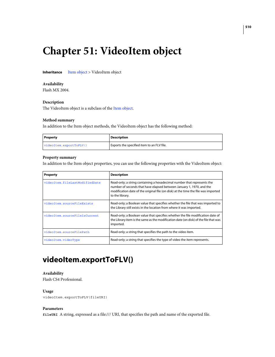 Chapter 51: videoitem object, Videoitem.exporttoflv(), Videoitem object | Adobe Extending Flash Professional CS4 User Manual | Page 532 / 560