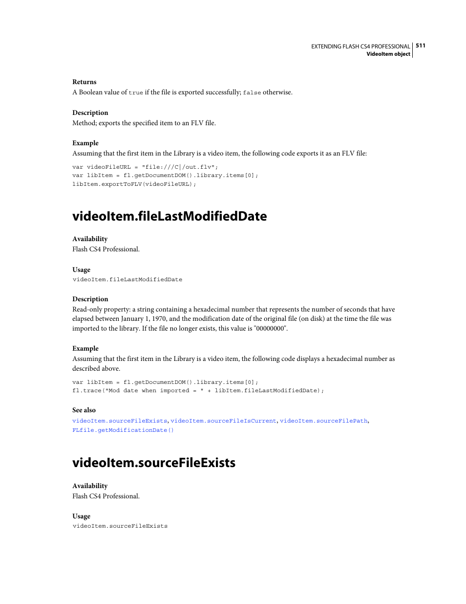 Videoitem.filelastmodifieddate, Videoitem.sourcefileexists | Adobe Extending Flash Professional CS4 User Manual | Page 533 / 560