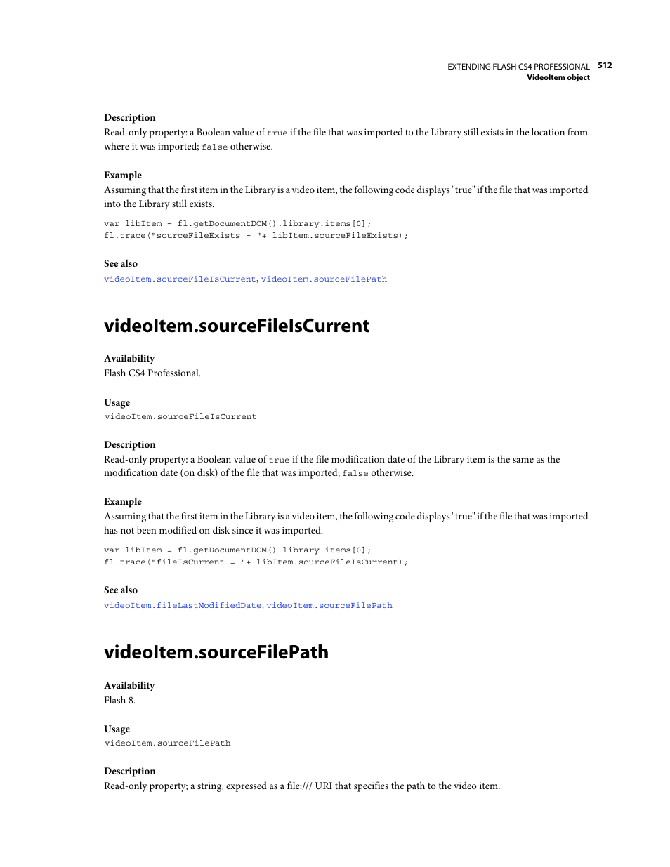 Videoitem.sourcefileiscurrent, Videoitem.sourcefilepath | Adobe Extending Flash Professional CS4 User Manual | Page 534 / 560