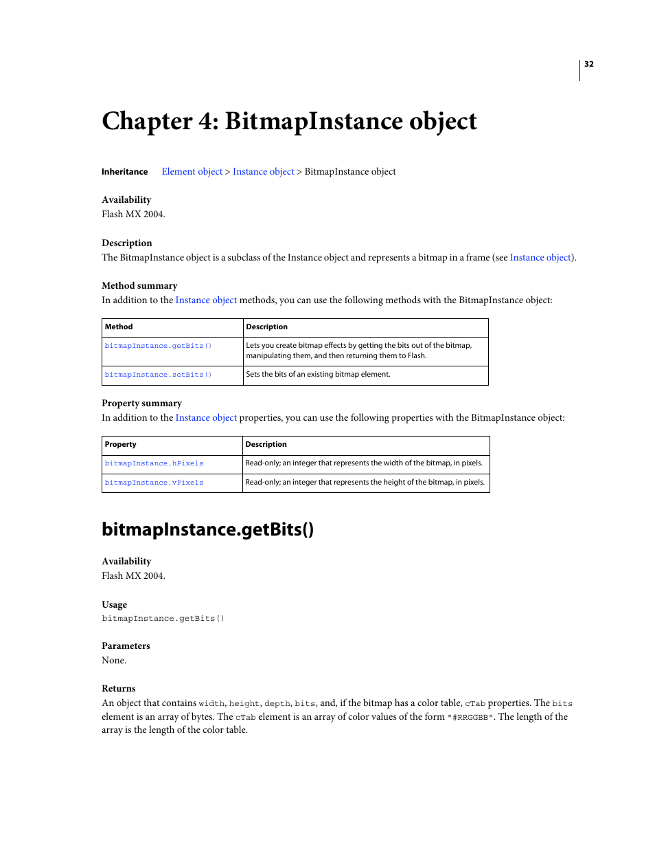 Chapter 4: bitmapinstance object, Bitmapinstance.getbits() | Adobe Extending Flash Professional CS4 User Manual | Page 54 / 560