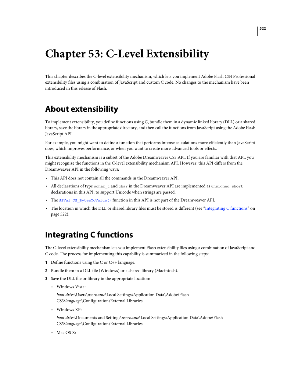 Chapter 53: c-level extensibility, About extensibility, Integrating c functions | C-level extensibility | Adobe Extending Flash Professional CS4 User Manual | Page 544 / 560