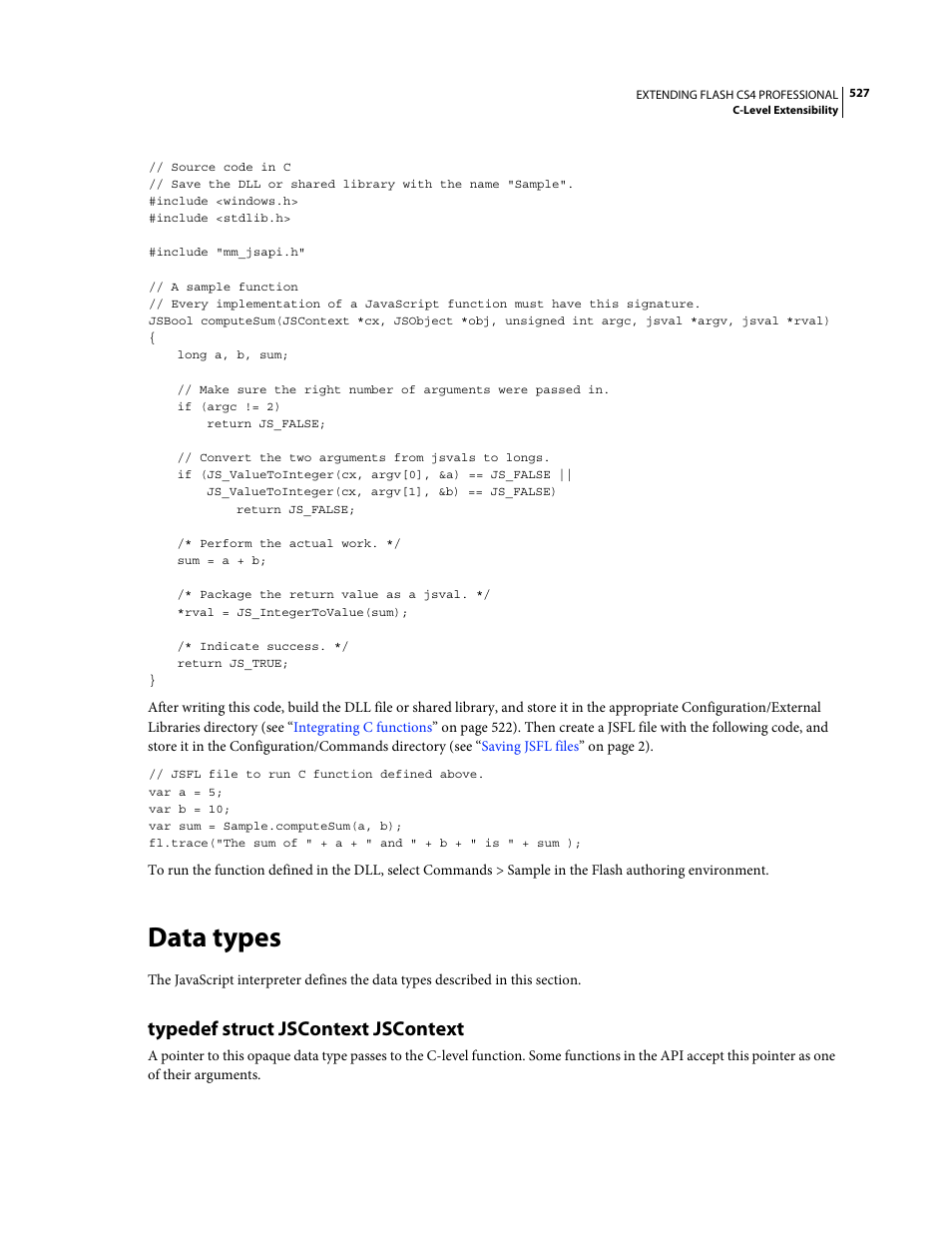 Data types, Typedef struct jscontext jscontext | Adobe Extending Flash Professional CS4 User Manual | Page 549 / 560