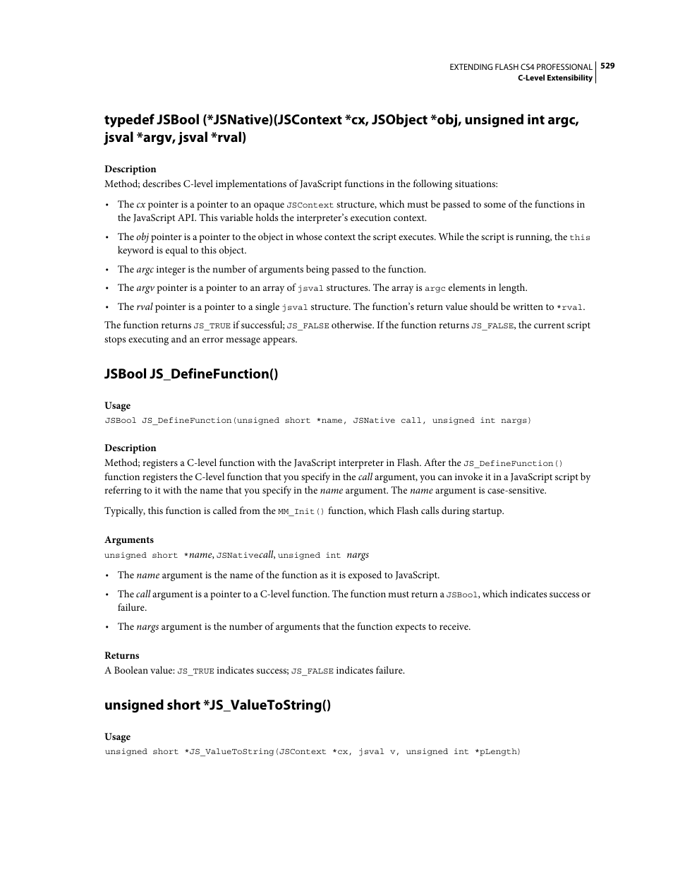 Jsbool js_definefunction(), Unsigned short *js_valuetostring() | Adobe Extending Flash Professional CS4 User Manual | Page 551 / 560