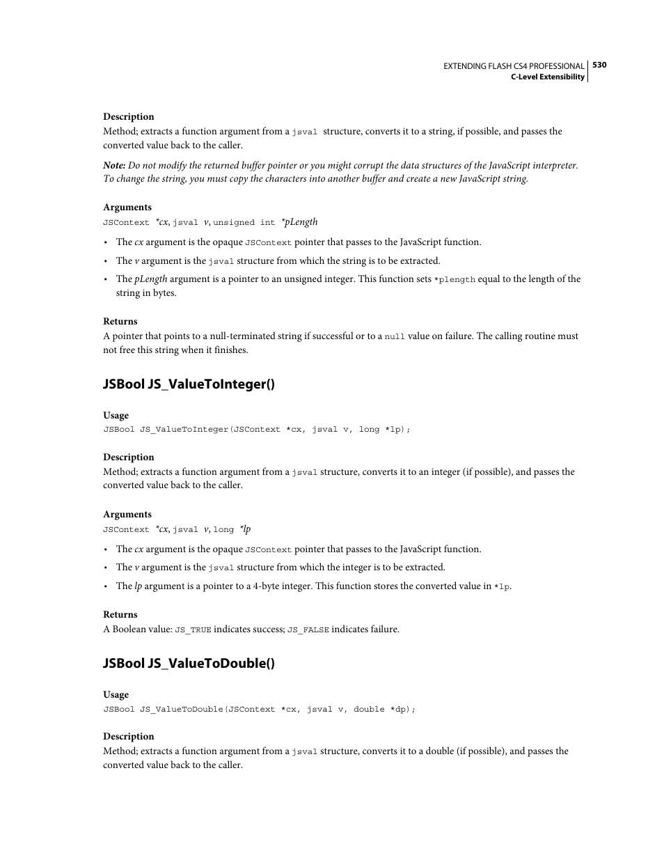 Jsbool js_valuetointeger(), Jsbool js_valuetodouble() | Adobe Extending Flash Professional CS4 User Manual | Page 552 / 560