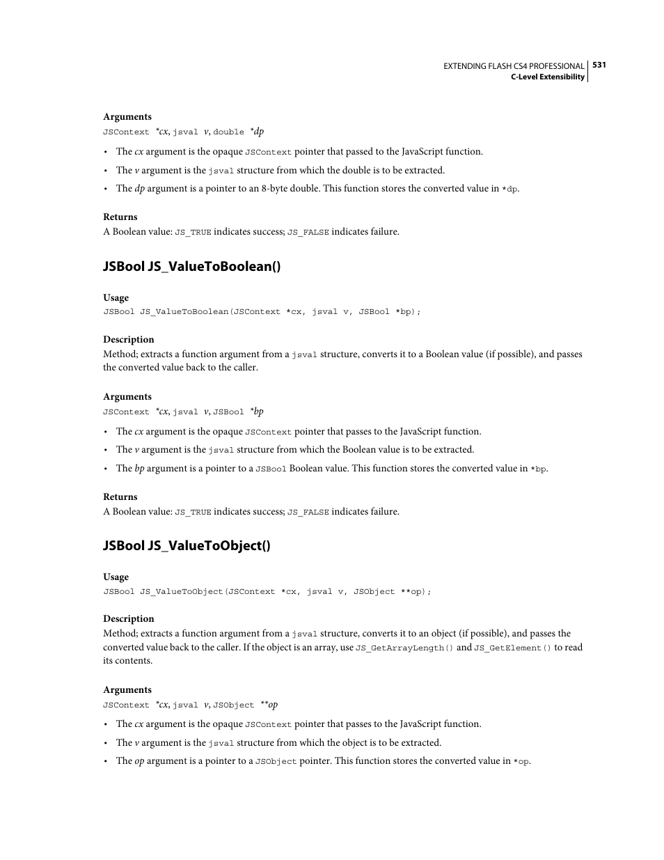 Jsbool js_valuetoboolean(), Jsbool js_valuetoobject() | Adobe Extending Flash Professional CS4 User Manual | Page 553 / 560